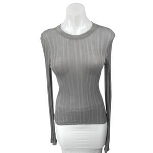 Zara Women's Gray Ribbed Long Sleeve Mesh Sheer Slim Fit Pullover T-Shirt Top M